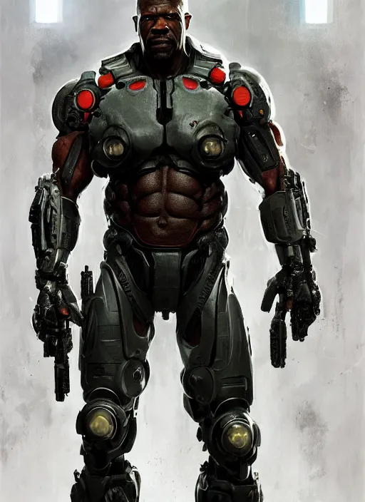 Image similar to terry crews as victor stone, full body concept, cyborg, borg, strogg, face of a man, terminator, flesh, quake strogg, doom demon, wolfenstein, monstrous, powerful, symmetry, symmetrical, concept art by ruan jia and greg rutkowski