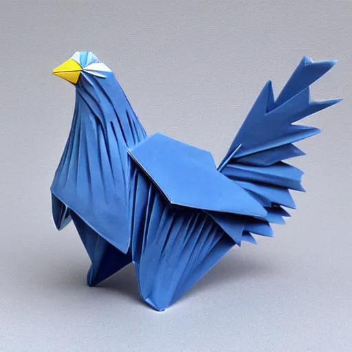 Image similar to beautiful, glorious porcelain origami chicken emperor, blue and silver colors, 3 d rtx hd