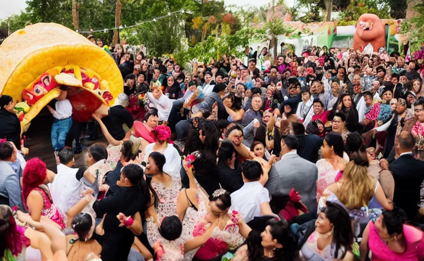 Image similar to a crowd of mexicans dancing around a giant Taco in a wedding,