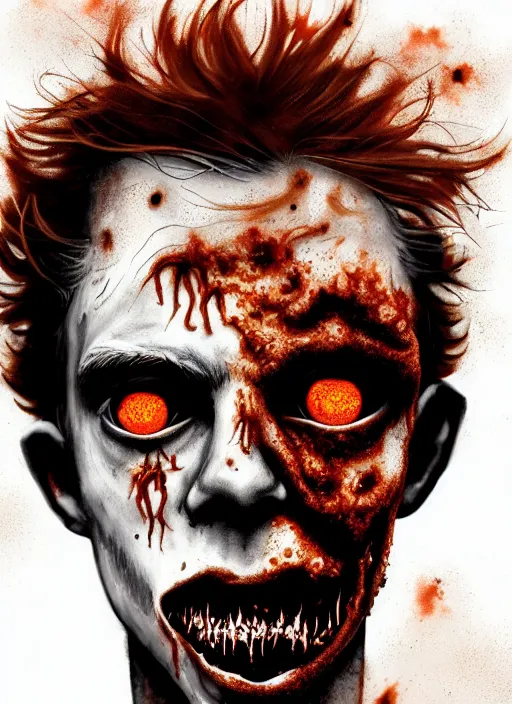 Image similar to portrait of zombie teenage archie andrews, red hair, curly hair, curly middle part, freckles, photorealistic, zombie, rotting skin, blind eyes, white eyes, zombie, intricate, elegant, orange, glowing lights, highly detailed, digital painting, artstation, concept art, sharp focus, illustration, art by wlop, mars ravelo and greg rutkowski