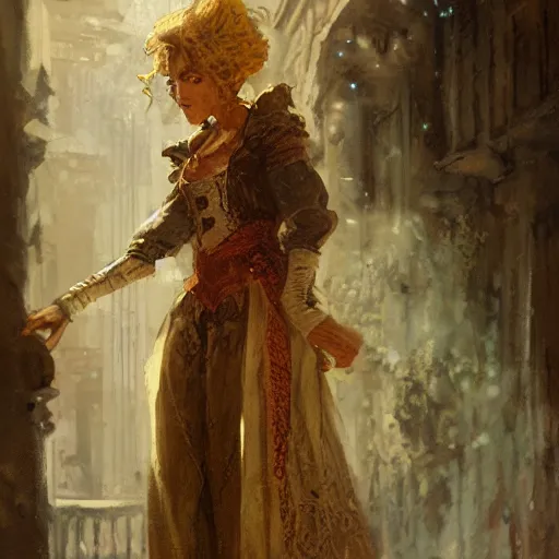 Image similar to a scrappy renaissance thief woman, looking around a corner, fantasy character portrait by gaston bussiere, craig mullins, greg rutkowski