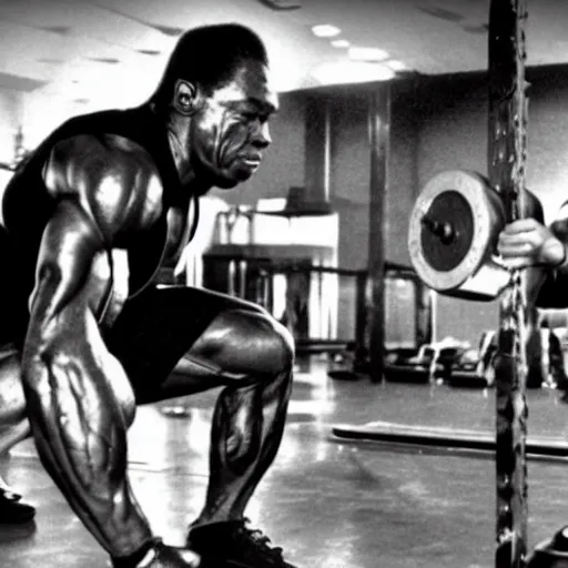 Prompt: predator and arnold schwarzenegger lifting weights together