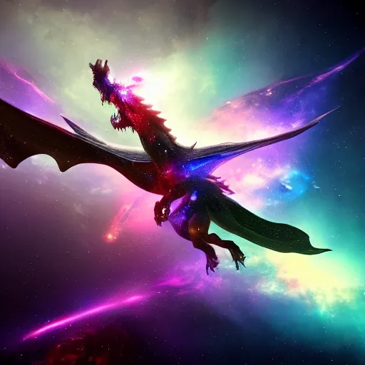 Image similar to dramatic render of a galaxy dragon flying through a space nebula, cgsociety, artstation, 4k