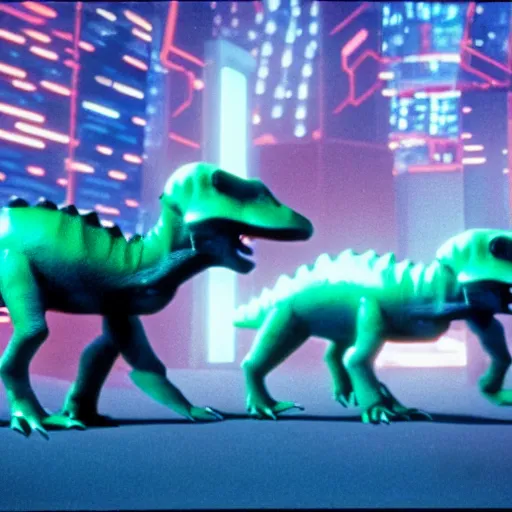 Prompt: baby dinosaurs in tron movie, cinestill