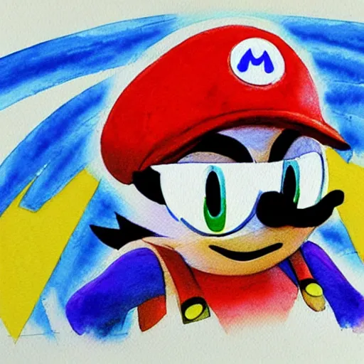 Image similar to Sonic in the style of Mario, with a mustache, beautiful watercolor art drawing, in the style of artist Simon Stalenhag s-90 - C 7