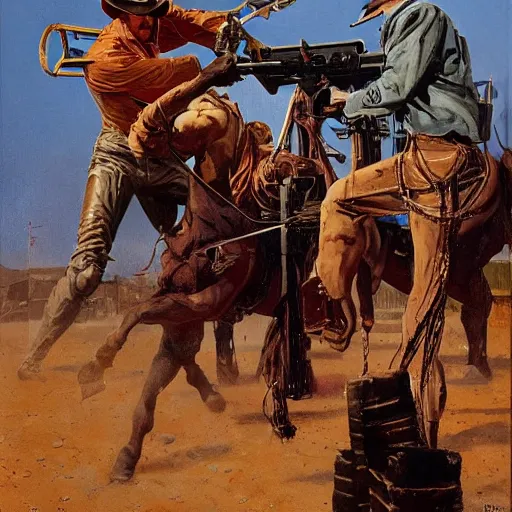 Prompt: cowboys shoot it out with a very tall cyborg in a western town, 1890s, dynamic, by tom lovell and frank schoonover and dean cornwell and phil hale