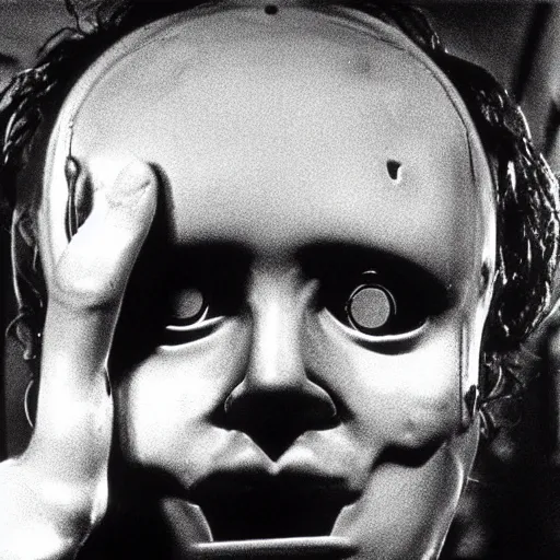 Prompt: Possession (1981) movie by Andrzej Żuławski and David Lynch, movie still, robot head and man head, dop