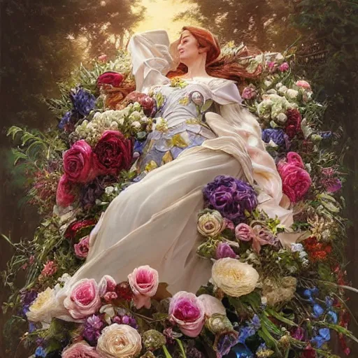 Image similar to an elaborate coffin with a mysterious sleeping beauty holding a large bouquet of flowing flowers, hands hidden under the bouquet, top view, fantasy, regal, intricate, by stanley artgerm lau, greg rutkowski, thomas kindkade, alphonse mucha, loish, norman rockwell