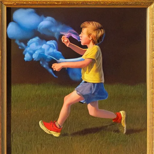 Prompt: a running child turning into vapor, mist, smoke, scissors in hand, a detailed matter painting by John Philip Falter