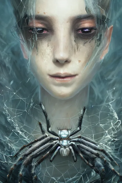 Image similar to a fancy portrait of a spider queen by Greg Rutkowski, Sung Choi, Mitchell Mohrhauser, Maciej Kuciara, Johnson Ting, Maxim Verehin, Peter Konig, final fantasy , mythical, 8k photorealistic, cinematic lighting, HD, high details, atmospheric,