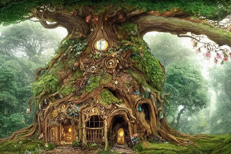 Prompt: yggdrasil the biggest tree in the world with a victorian fairy house embeded in the wood, treehouse, with long roots and branches, on the side of a magnificient lush forest on a hill, epic, beautiful light, highly detailed by beatrix potter, brian froud, amy brown, lisa frank