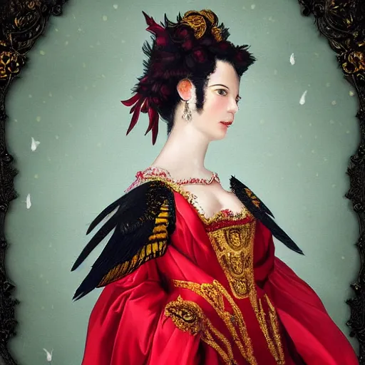 Prompt: portrait of a red monarch, sharp focus, black hair, baroque, rococo, full body, highly detailed, intricate, bird mask, white, regal clothing, gold ethereal light, high fantasy