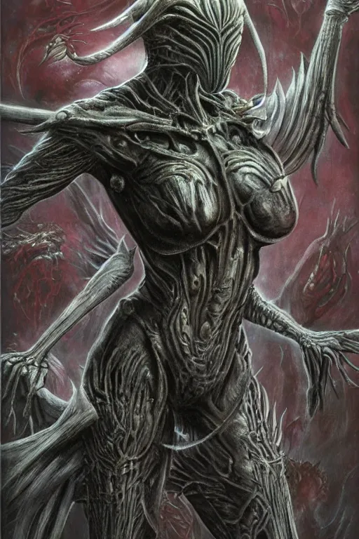 Image similar to portrait of samus metroid by hr giger and wayne barlowe as a diablo, dark souls, bloodborne monster, veiled necromancer lich bride