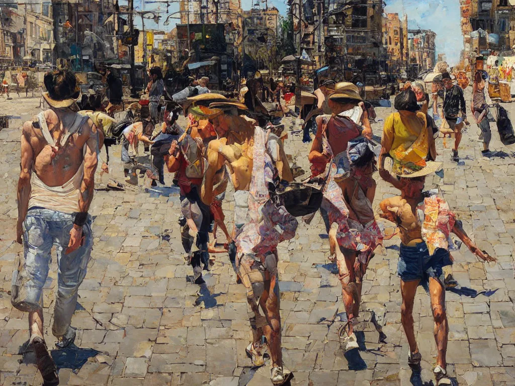 Prompt: street usa, heatwave, denis sarazhin, oil on canvas