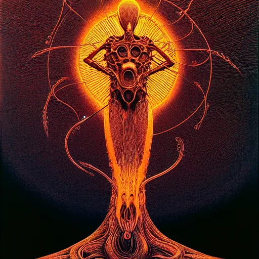 Prompt: symmetrical tarot card, the biomechanical elder god, Zdzisław Beksiński art, figure silhouetted by burning sun, detailed, intricate, elegant, cgsociety, haunting, luxurious, ominous, matte painting, cinematic, Yoshitaka Amano, horizontally symmetrical, Wayne Barlowe