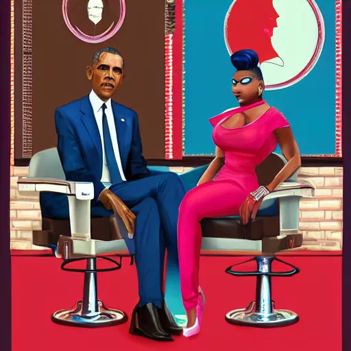 Prompt: nicki minaj sitting next to barack obama in a vintage barbershop in gta v cover art, symmetrical, brownish flat colors, hyper realistic, highly detailed, trending on artstation