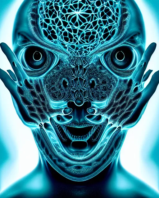 Prompt: very detailed portrait of ghost with pearl sphere teal glowing eyes + melting face skin + 4 k hyper details render + by alex grey + fractal mundelbulb intricate design + dramatic lighting + cinematography photography