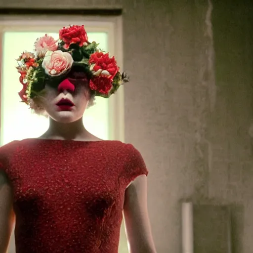 Image similar to movie still of the girl with the flowers head, cinematic composition, cinematic light, by edgar wright and david lynch