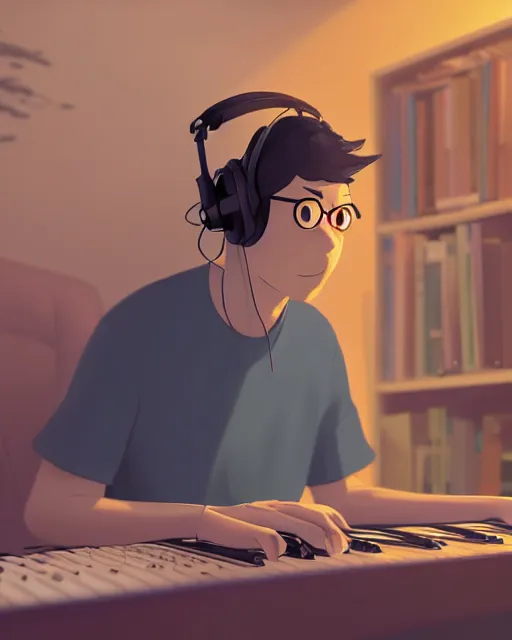 Image similar to man with headphones at his home studio producing music late at night, very detailed, 4 k, cory loftis, james gilleard, atey ghailan, makoto shinkai, goro fujita, studio ghibli, rim light, exquisite lighting, clear focus, very coherent