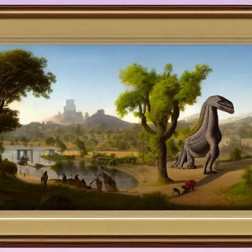 Image similar to 1750 street of Paris with Diplodocus and T-Rex, in the style of the Hudson River School