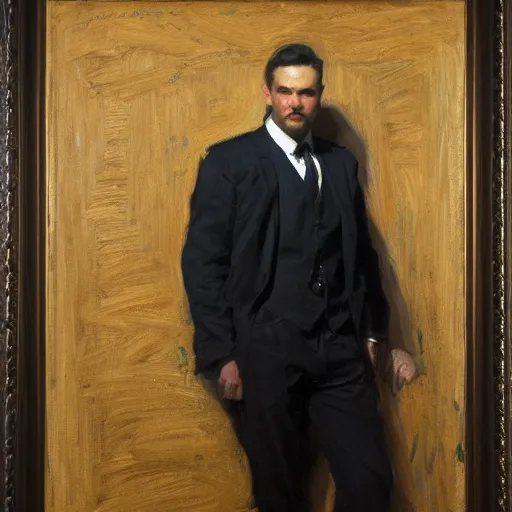 Image similar to detailed portrait of man in black suit, spring light, painting by gaston bussiere, craig mullins, j. c. leyendecker