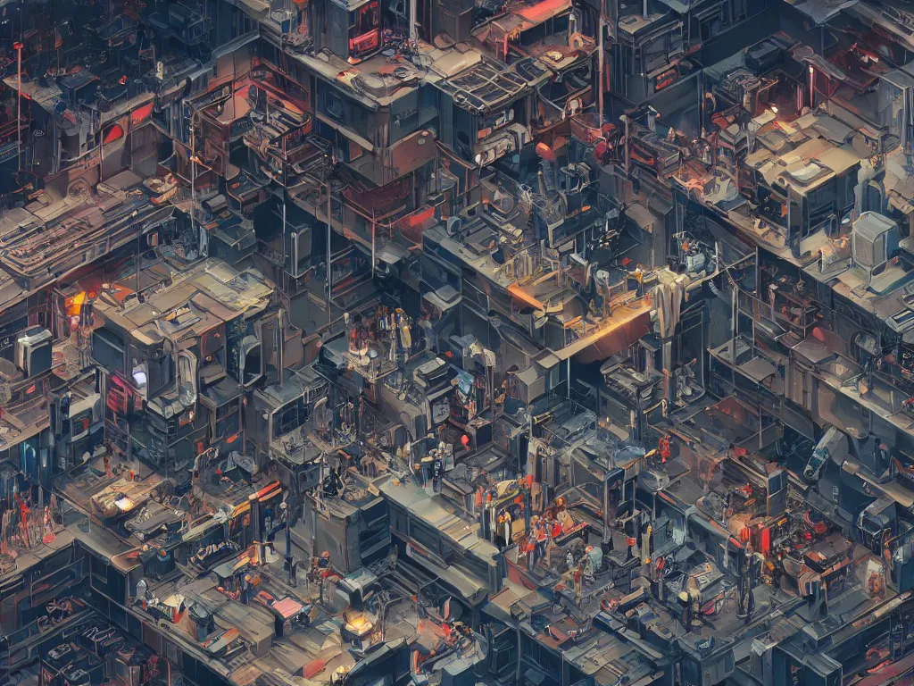 Prompt: isometric view of a cyberpunk factory filled with drone workers, busy, grimy, gritty, blade runner 2 0 4 9, trending on artstation, award winning painting