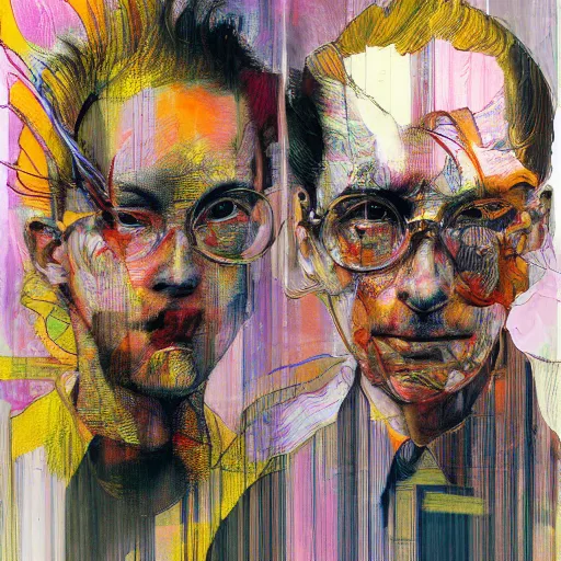 Prompt: double portrait in the style of james jean, yoshitaka amano, francis bacon, adrian ghenie, moebius