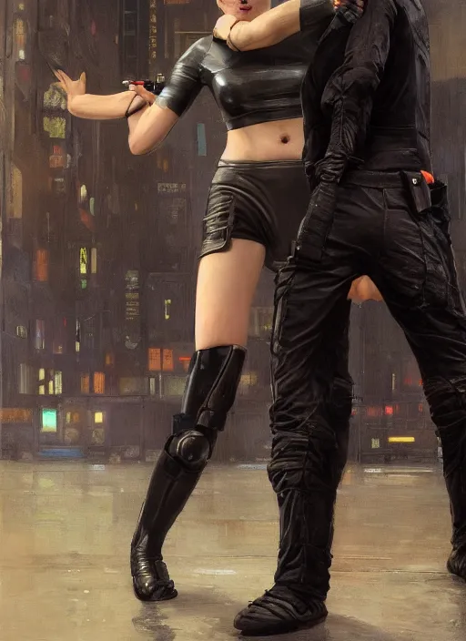 Prompt: selina kyle teaching self defense. cyberpunk mercenary in a cyberpunk jumpsuit ( blade runner 2 0 4 9, cyberpunk 2 0 7 7 ). orientalist portrait by john william waterhouse and james gurney and theodore ralli and nasreddine dinet, oil on canvas. cinematic, hyper realism, realistic proportions, dramatic lighting, high detail 4 k