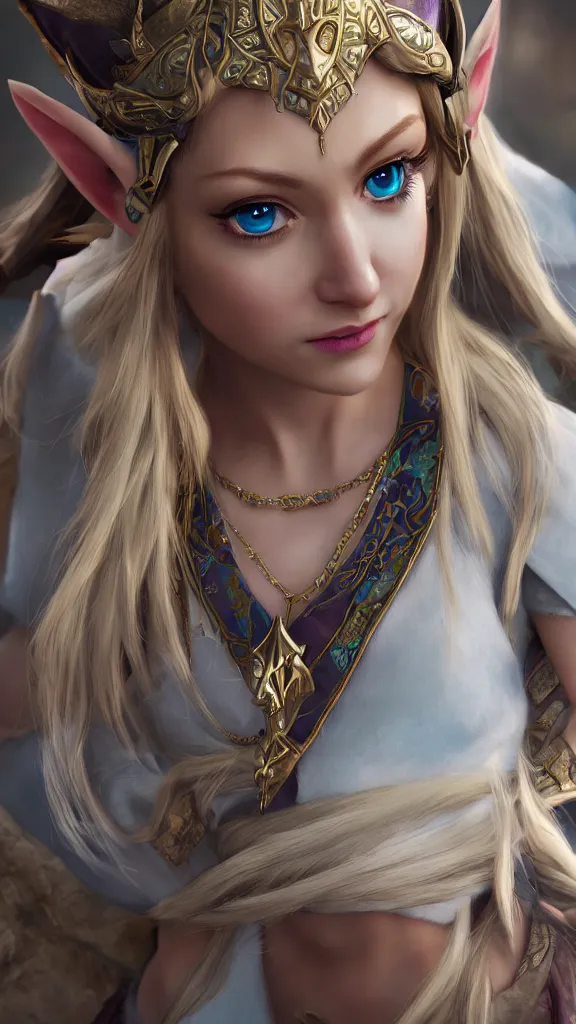 Image similar to Princess Zelda, Artstation HQ, photorealistic, hiperrealistic, sharp focus, 4k UHD, Unreal Engine 5, close up, studio lightning, brught tones, high contrast, intricate, masterpiece, sharp focus, cellshaded