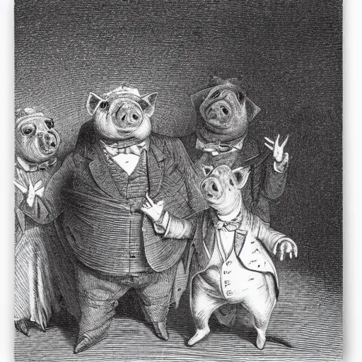 Image similar to pig in a tuxedo, illustration by Gustave Doré