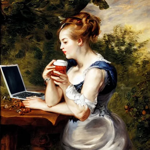 Prompt: heavenly summer sharp land sphere scallop well dressed lady working on her laptop drinking a starbucks coffee auslese, by peter paul rubens and eugene delacroix and karol bak, hyperrealism, digital illustration, fauvist