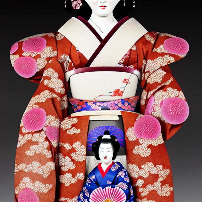 Prompt: ceramic cyborg geisha, kimono with Kakiemon design with plums and stylized flowers in glaze and gilding Edo period 1670–1690, diffuse lighting, fantasy, intricate, elegant, highly detailed, lifelike, photorealistic, digital painting, artstation, illustration, concept art, smooth, sharp focus, art by John Collier and Albert Aublet and Krenz Cushart and Artem Demura and Alphonse Mucha