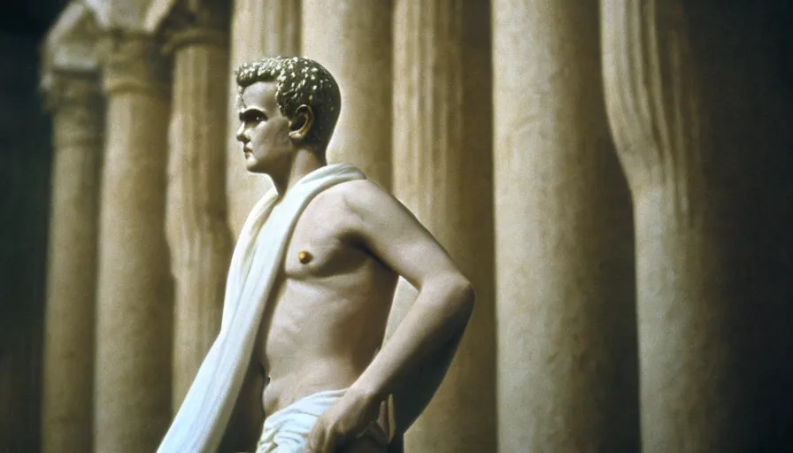 Image similar to 1 9 6 0 s movie still close - up of caligula in a white toga bleeding heavy on ancient stairs, cinestill 8 0 0 t 3 5 mm, high quality, heavy grain, high detail, dramatic light, anamorphic