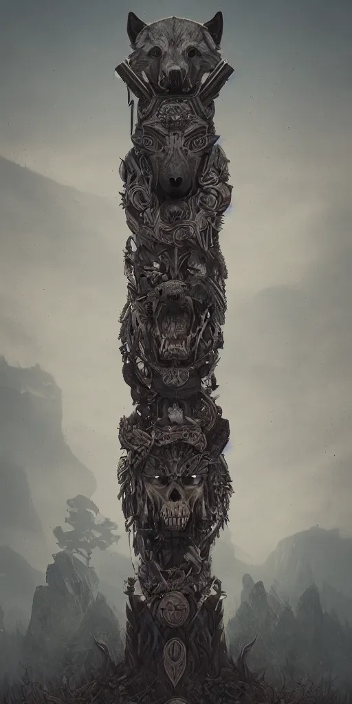 Image similar to A totem with a skull and an wolf by beeple, coherent, symmetrical, intricate, high detail, digital painting, hyper realism, octane render, 4k, trending on artstation