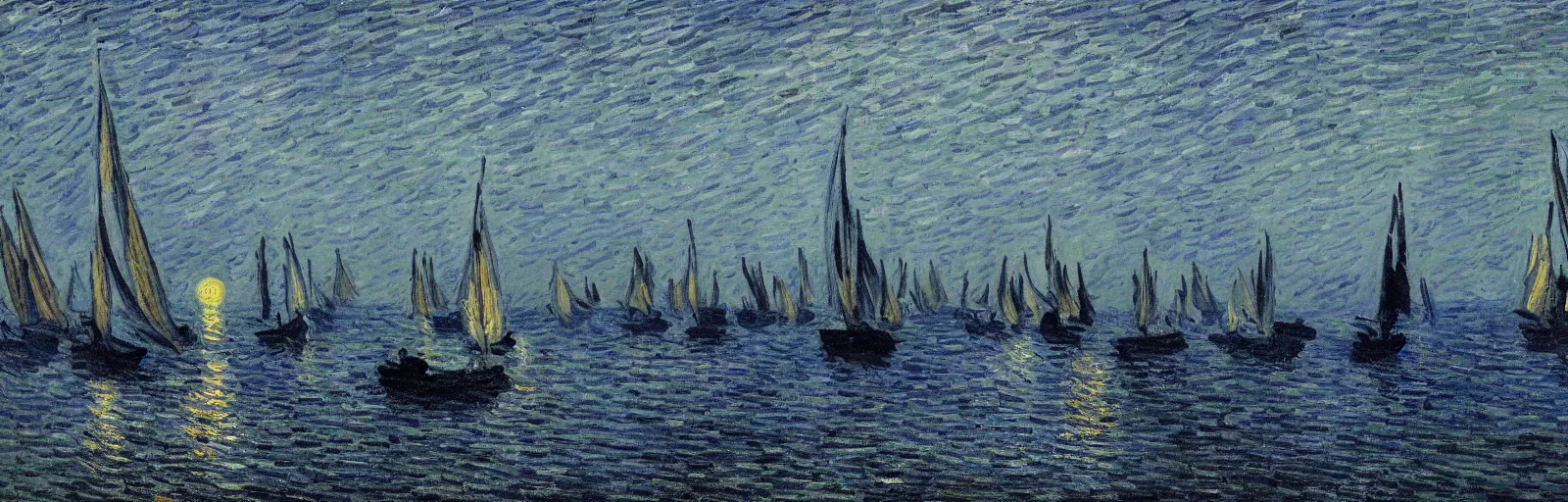 Image similar to An aesthetically pleasing, dynamic, energetic, lively, well-designed digital art of the sailboats on the ocean at night in a low mist, light and shadow, chiaroscuro, by Claude Monet and Vincent Van Gogh, superior quality, masterpiece, excellent use of negative space. 8K, superior detail.