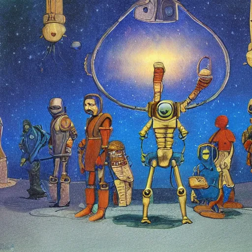 Prompt: medieval extraterrestrial villagers pointing to broken non - functioning robot sitting on floor in corner of room, colorful, dramatic lighting, illustration, fantastic planet, ron cobb, mike mignogna, jim henson creature shop, science fiction, detailed painting, high detail, coherent, rough paper