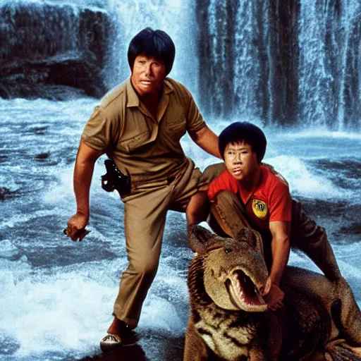Prompt: steve irwin with dingo and crocodile ( ( ( ( bruce lee ) ) ) ), waterfall background, epic detailed cinematic photography