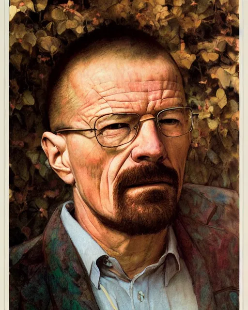 Prompt: walter white, portrait painting by richard schmid, edgar maxence, kehinde wiley, thomas moran, maxfield parrish, studio ghibli, loish, alphonse mucha, fashion photography