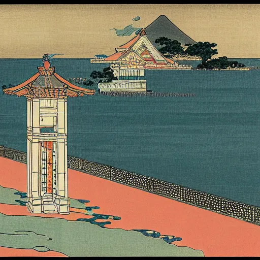 Prompt: Palace by the sea by Hokusai,