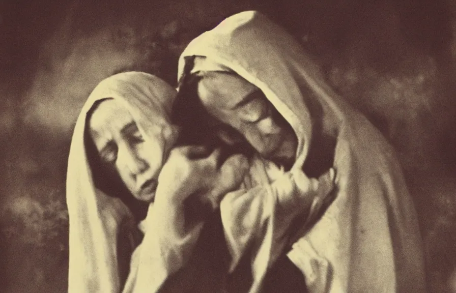 Image similar to mother mary crying blood tears, blue sky in background, 60mm grainy vintage photograph