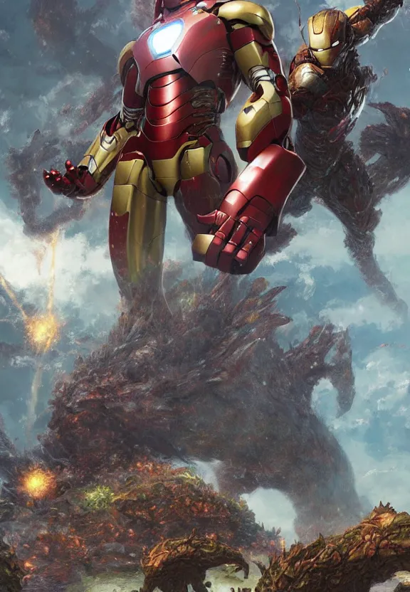 Image similar to iron man fighting a giant kaiju, highly detailed, science fiction landscape, art style by klimt and nixeu and ian sprigger and wlop and krenz cushart