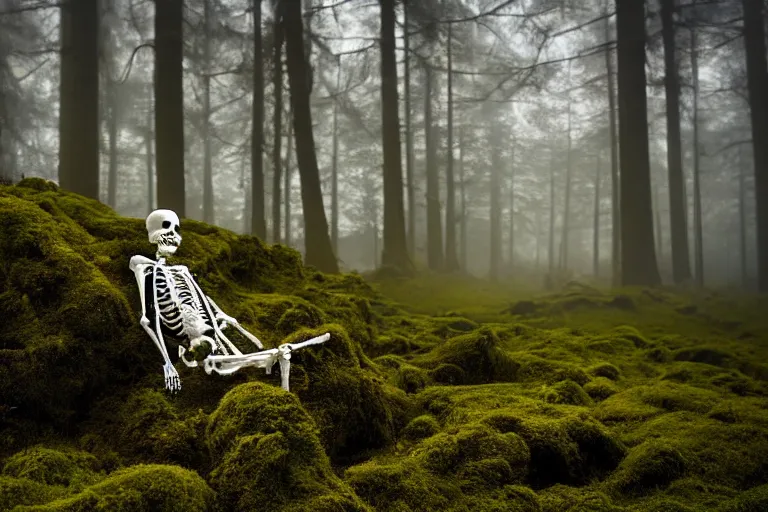 Prompt: a burning with fire human skeleton sitting behind computer, overgrown with moss, in foggy forest, at night with moon, dark atmosphere, by carus carl gustav