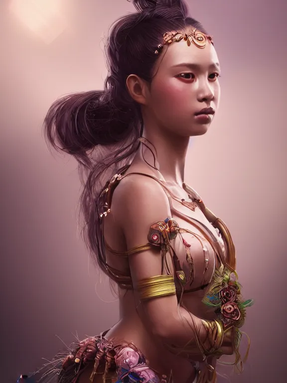 Image similar to beautiful portrait of a Subtropics minority female wearing fantastic costume,ivoy skin,long pigtail,intricate, elegant, highly detailed, dim volumetric lighting, 8k,octane,post-processing,digital painting, trending on artstation, concept art, smooth, sharp focus, illustration,by Tom Bagshaw and Daniel Gerhartz and Albert Aublet and Lawrence Alma-Tadema and alphonse mucha