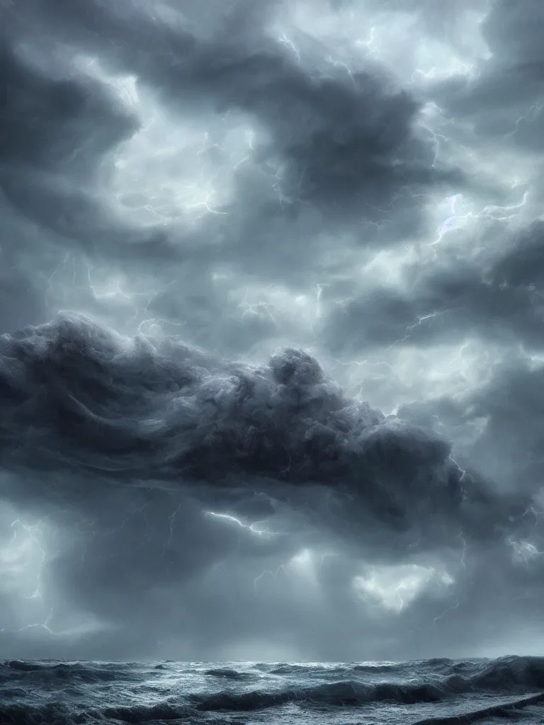 Image similar to Cthulhu rising from a stormy sea, towering over the coastline during a thunderstorm, dramatic, ominous clouds, ground mist, featured on artstation, 4k