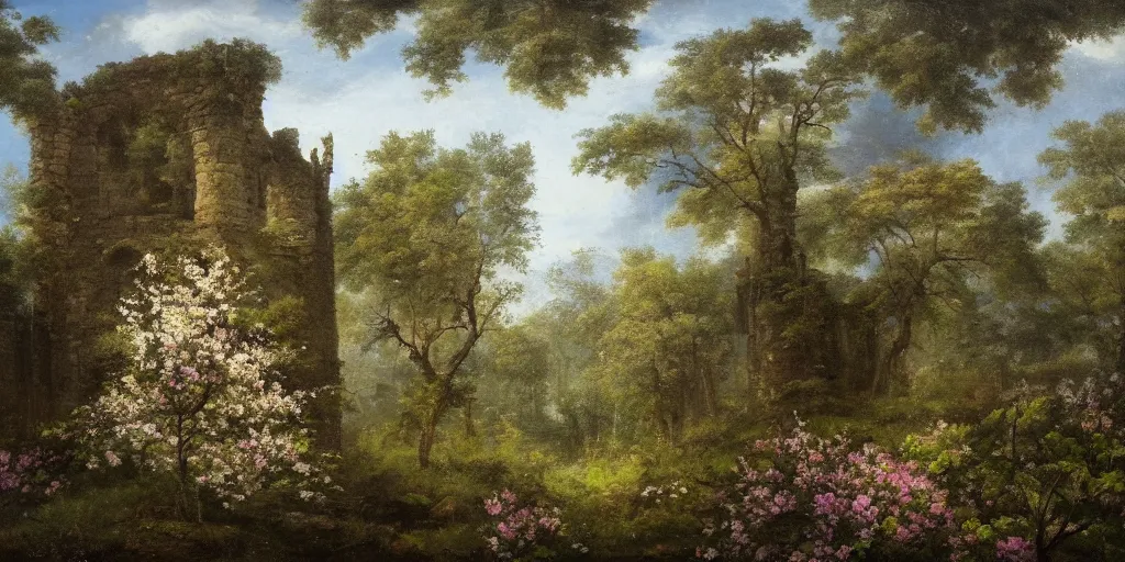 Prompt: Art of The cinematic view of The overgrown ruins of a stone tower amidst a forest of flowering trees by Rip Van Winkle