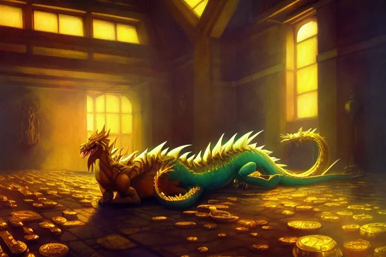 Prompt: anime key visual of majestic prismatic dragon sleeping in a treasury of gold and treasure, great dwarven halls lit by cauldrons of fire, high fantasy, style of jamie wyeth james gilleard edward hopper greg rutkowski acrylic painting, preserved museum piece, historical