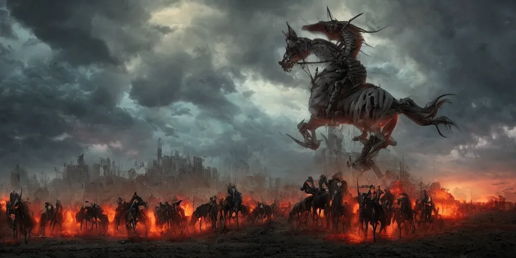 Image similar to ”five horsemen of the apocalypse riding skeleton horses towards the camera and holding up empty signs, [epic, cinematic, scary, intimidating, horror, war, battle, hell, storm clouds, lightning, octane render, 8k, mattepainting, art by wlop and paul lehr and greg rutkowski]”