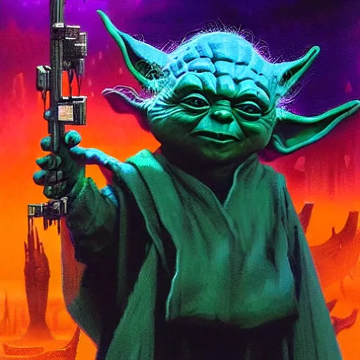 Image similar to yoda is angry and turning to the dark side, overwhelming energy, detailed background by m. w. kaluta + bruce pennington, dark side, neon color, volumetric lighting, colorful vapor, deep dark color, floating molecules, digital painting, oil painting, artwork by ralph mcquarrie + cory loftis + andreas rocha + paul lehr + ian mcque + eddie mendoza