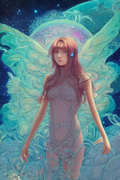 Prompt: beautiful ultra detailed manga Illustration of a girl in a celestial fantasy landscape, Full Art Illustration, by alex grey, moebius, beeple, artstation