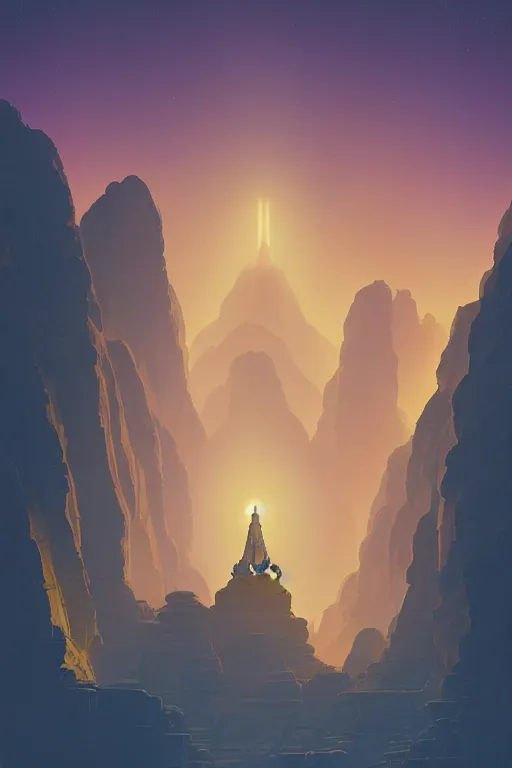 Image similar to ancient indian temple glowing yellow in canyon, monks standing around golden statue, light streaks in the sky, floating planets and moons, dramatic lighting, artstation, matte painting, ralph mcquarrie, simon stalenhag